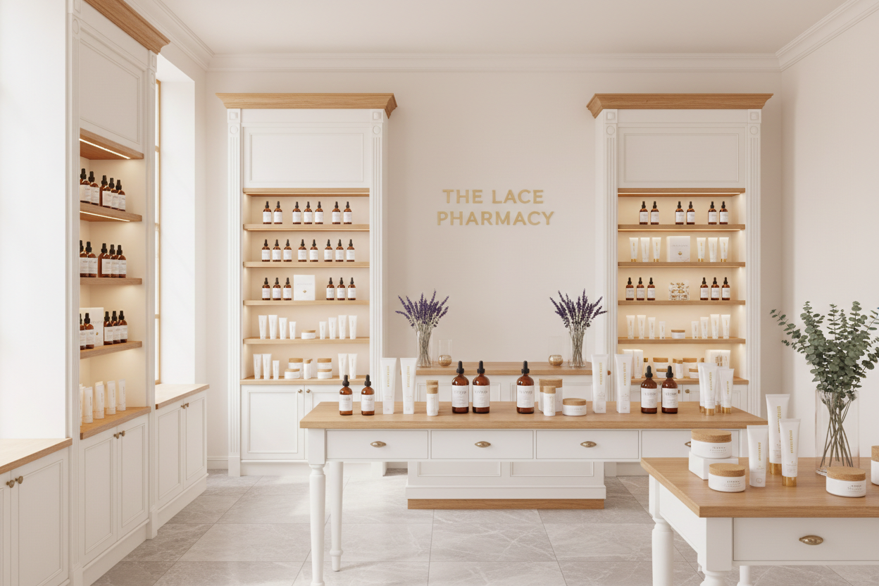 en bild på ett apotek liknande miljö med olika produkter från the lace pharmacy. 